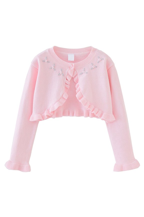 Girls Lightweight Cropped Knit Cardigan Round Neck Ruffled Long Sleeve Cardigans Spring Summer Autumn Casual Sweater Jacket