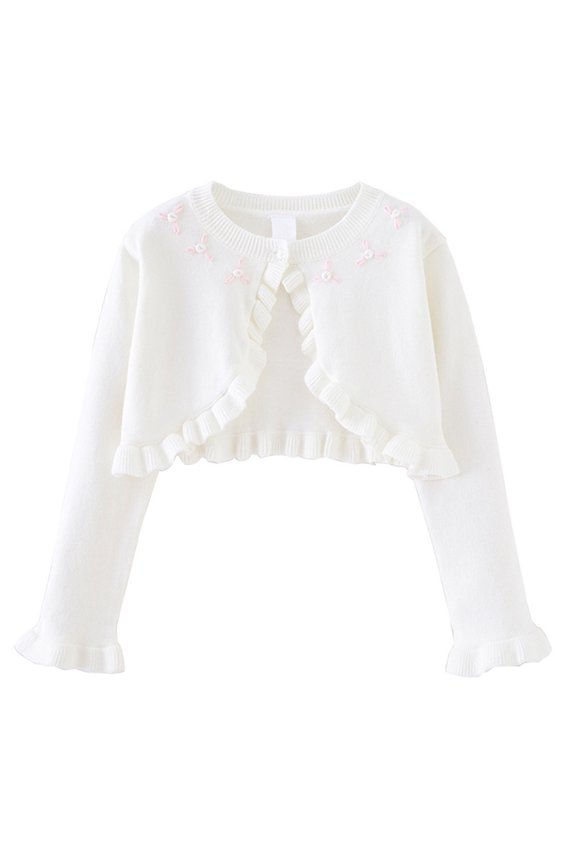 Girls Lightweight Cropped Knit Cardigan Round Neck Ruffled Long Sleeve Cardigans Spring Summer Autumn Casual Sweater Jacket