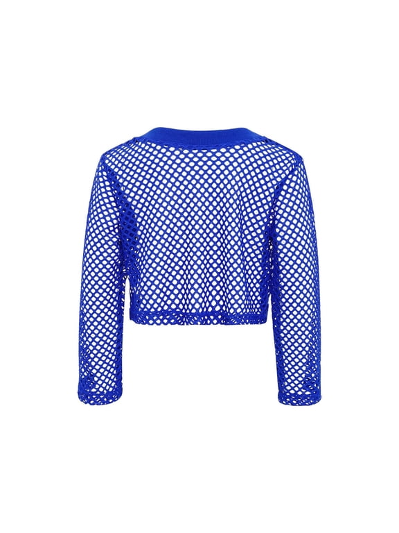 Girls Long Sleeve Hollow Fishnet Crochet Crop Top Solid Color Crewneck Mesh Cropped Hip Hop Dance Cover Up Shirt