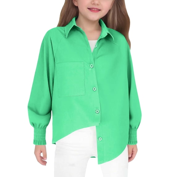 TIREOW Girls Long Sleeve Shirt Solid Color Button Down Lapel Blouse Top Kids Loose Fitting Basic Casual Shirts