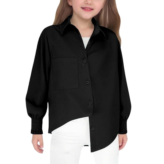 TIREOW Girls Long Sleeve Shirt Solid Color Button Down Lapel Blouse Top Kids Loose Fitting Basic Casual Shirts