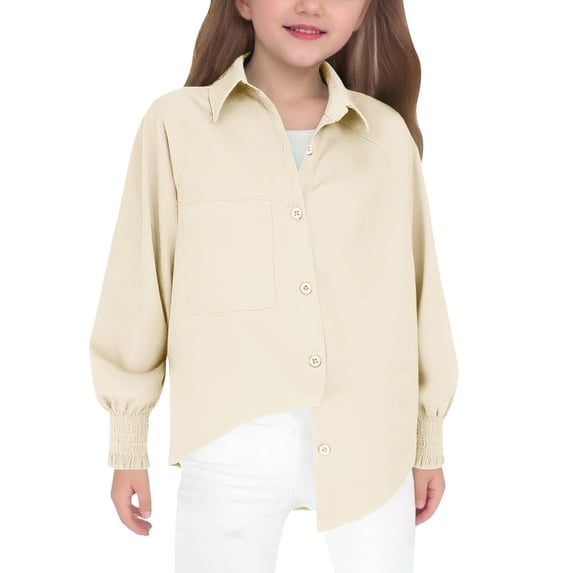 TIREOW Girls Long Sleeve Shirt Solid Color Button Down Lapel Blouse Top Kids Loose Fitting Basic Casual Shirts