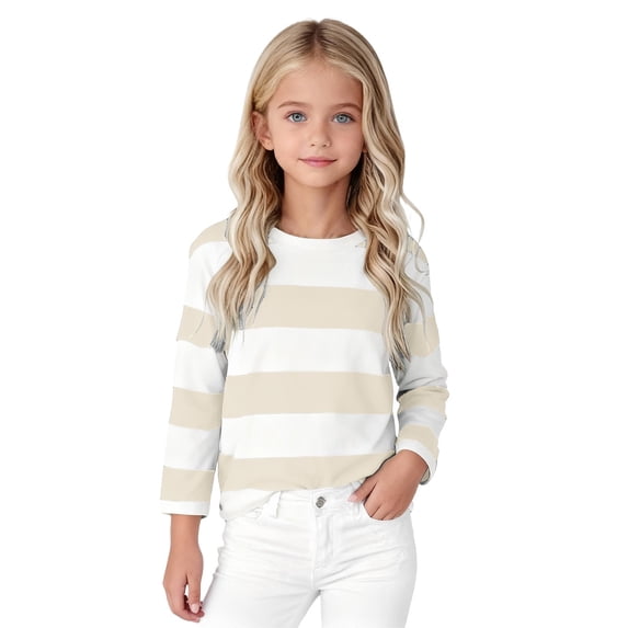 TIREOW Girls Long Sleeve Striped T-Shirt, Classic Cotton Blend Crewneck Tee for Kids, Soft Everyday Basic Top