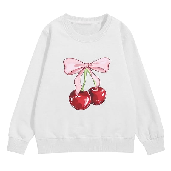 TIREOW Girls Long Sleeved Sweatshirt Round Neck Cute Bow Cherry Printed Pullover Top Spring Autumn Winter Loose Fit Casual Pullover Sweatshirt