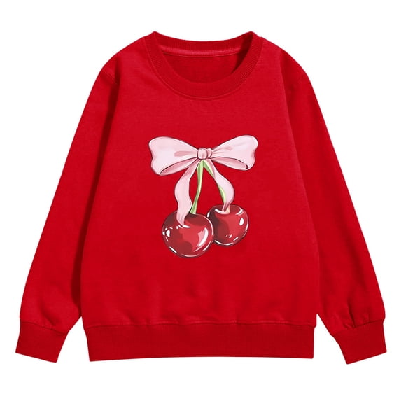 TIREOW Girls Long Sleeved Sweatshirt Round Neck Cute Bow Cherry Printed Pullover Top Spring Autumn Winter Loose Fit Casual Pullover Sweatshirt