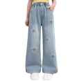 thumbnail image 1 of TIREOW Girls Loose Fit Casual Jeans Straight Wide Leg Elastic Waist Denim Pants Star Embroidered Baggy Denim Trousers(Blue,13-14 Years), 1 of 7