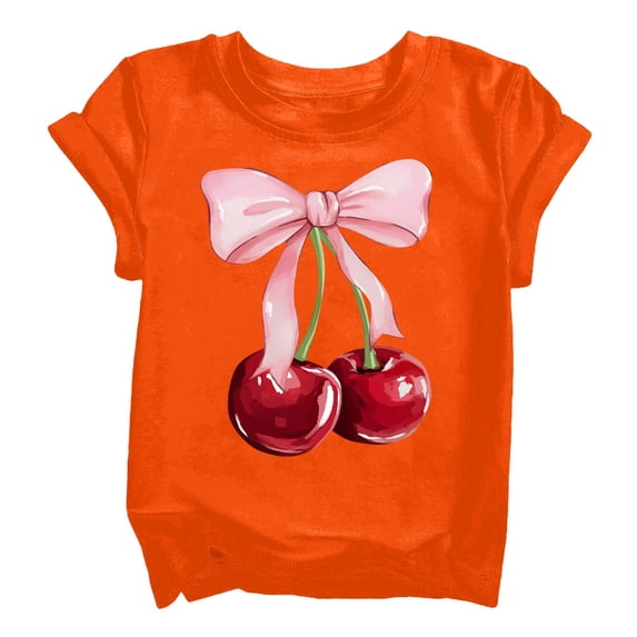 TIREOW Girls Loose Fit Short Sleeve T Shirt Summer Daily Casual Round Neck T-Shirts Cherry Print T-Shirt Top