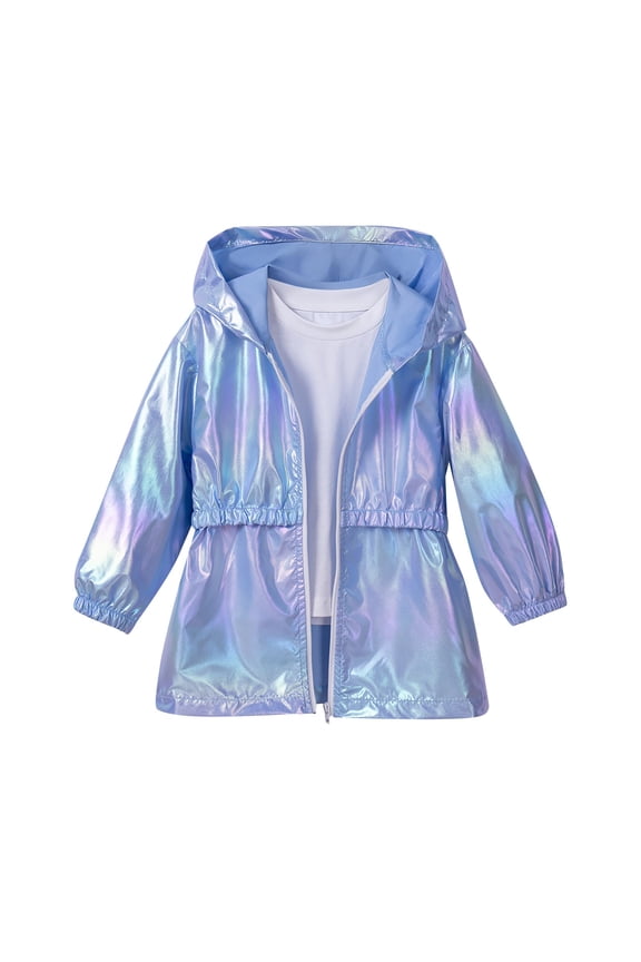Girls Metallic Shiny Jacket Toddler Girls Lightweight Zip Up Hoodie Waterproof Raincoat Spring and Autumn Long Sleeved Jackets