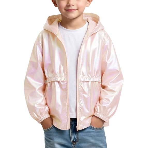 TIREOW Girls Metallic Shiny Jacket Toddler Girls Lightweight Zip Up Hoodie Waterproof Raincoat Spring and Autumn Long Sleeved Jackets
