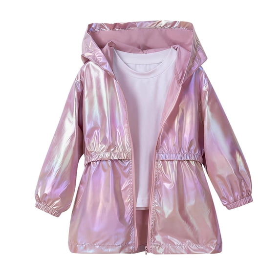TIREOW Girls Metallic Shiny Jacket Toddler Girls Lightweight Zip Up Hoodie Waterproof Raincoat Spring and Autumn Long Sleeved Jackets
