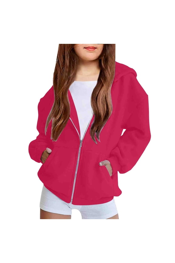 Girls Oversiezd Zip Up Sweatshirts Solid Color Long Sleeve Hoodies Jackets Spring Autumn Fleece Active Sport Track Jackets(Hot Pink,3-4 Years)