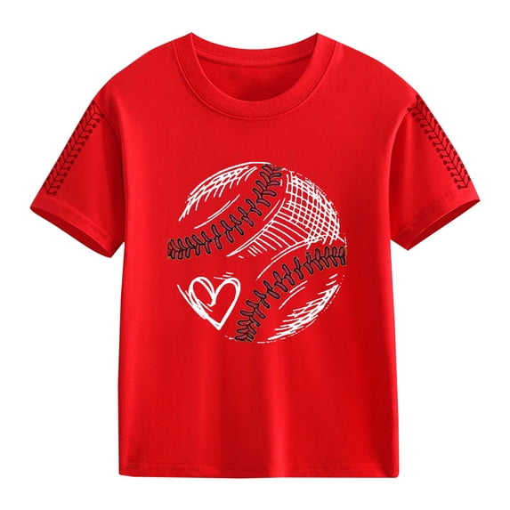 TIREOW Girls Oversized Baseball Print T-Shirts Kids Cute Print Short Sleeved Athletic Tee Shirt Teen Preppy Loose Blouse (Red, 3-4 Years)