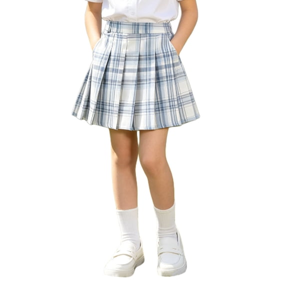 TIREOW Girls Preppy Pleated Skirts Elastic Waisted A Line Short Skirt School Uniform Versatile Plaid Skirts with Lining Shorts