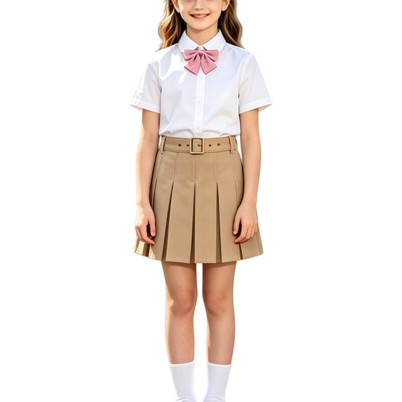 TIREOW Girls Preppy Pleated Skirts Elastic Waisted A Line Short Skirt School Uniform Versatile Skirts with Adjustable Buckle Belt