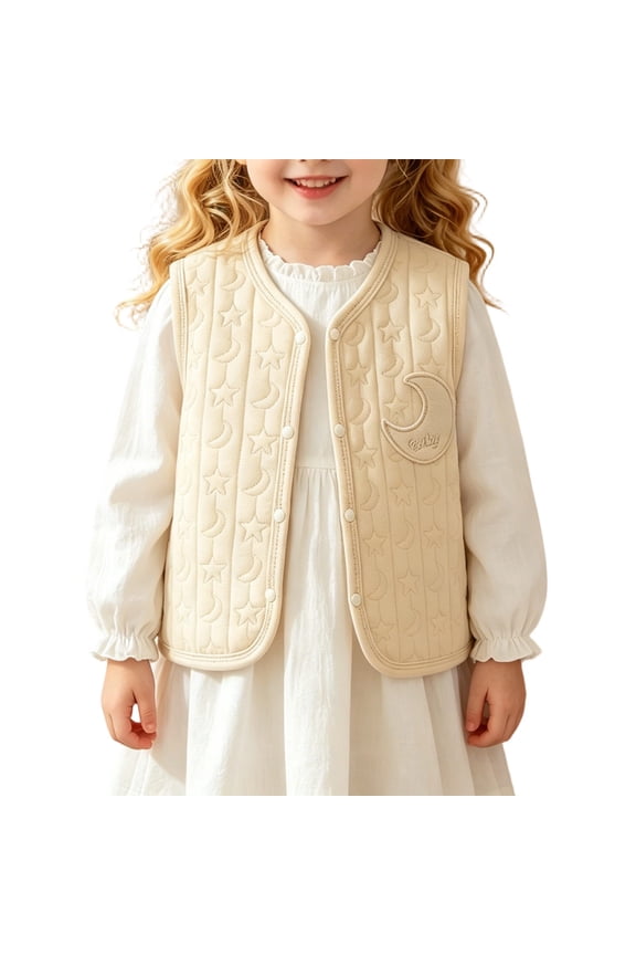 Girls Quilted Sleeveless Vest Toddler Baby Solid Color Star and Moon Pattern Vest Lightweight Warm Button Waistcoat