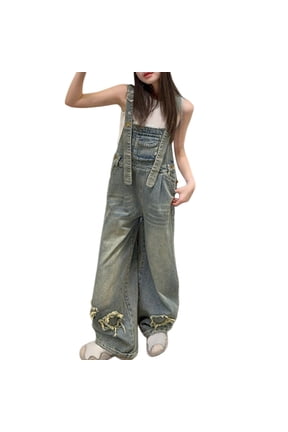 Girls Retro Denim Overalls Sleeveless Baggy Jeans Overalls Fashionable Star Patch Wide Leg Jumpsuit Bib Overalls