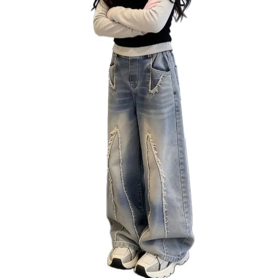 TIREOW Girls Retro Washed Wide Leg Denim Pants Elastic Waist Denim Trousers Fashionable Baggy Casual Streetwear Jeans(Blue,7-8 Years)