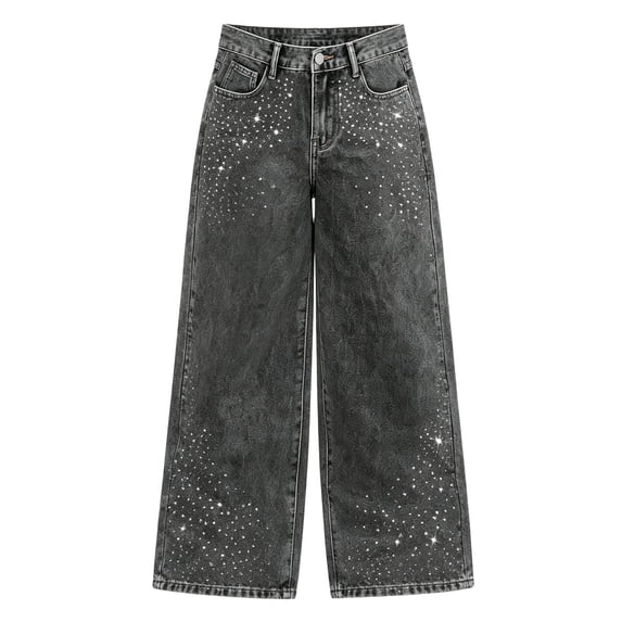 TIREOW Girls Rhinestone Jeans High Waist Wide Leg Baggy Denim Pants Trendy Casual Loose Fit Streetwear Denim Trousers