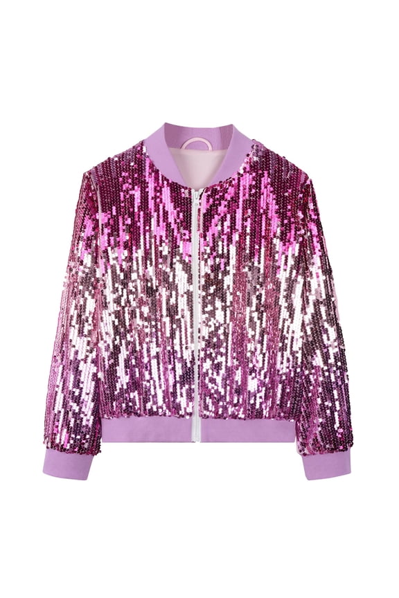 Girls Sequins Jacket Zip Up Long Sleeved Sequined Embroidered Jackets Kids Street Dance Party Glitter Loose Fitting Jacket