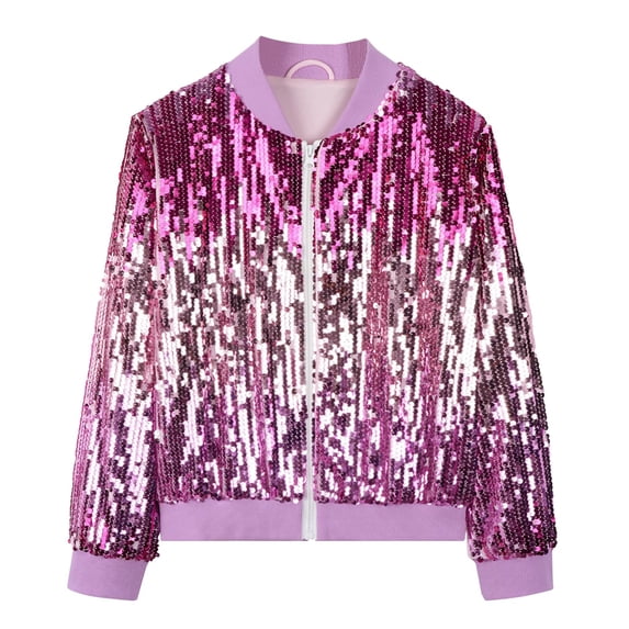 TIREOW Girls Sequins Jacket Zip Up Long Sleeved Sequined Embroidered Jackets Kids Street Dance Party Glitter Loose Fitting Jacket
