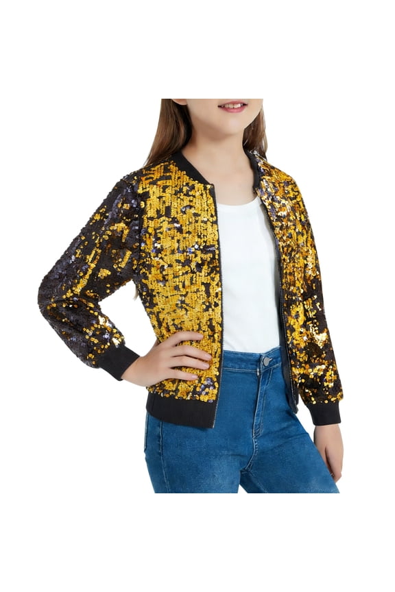Girls Sparkling Sequins Jacket Multi Color Zip Up Long Sleeved Baseball Jacket Kids Fashion Party Glitter Loose Fitting Jacket