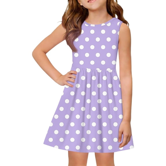TIREOW Girls Summer Vest Dresses Cute Sleeveless Dress Polka Dot Printed Daily A Line Casual Beach Dresses