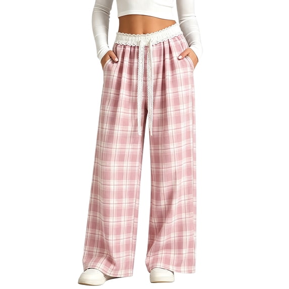 TIREOW Girls Sweatpants Plaid Elastic Lace Waist Wide Leg Sweat Pants with Lace Belt Fashion Lightweight Casual Baggy Pants