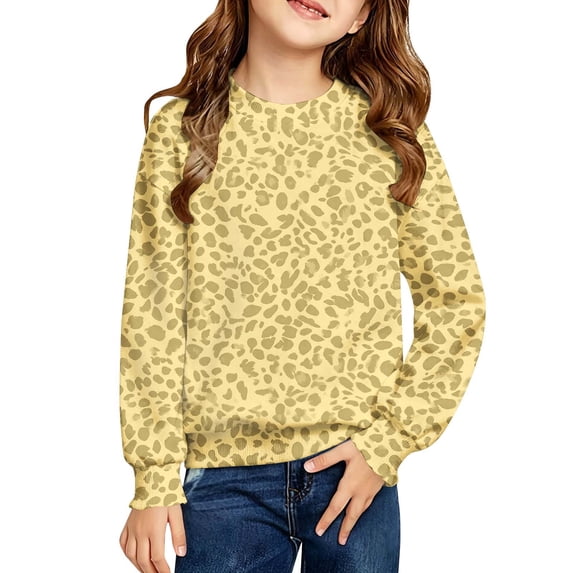 TIREOW Girls Sweatshirt Leopard Printed Crewneck Long Sleeve Pullover Sweatshirt Daily Wear Casual Loose Comfy Stylish Relaxed Pullover Tops