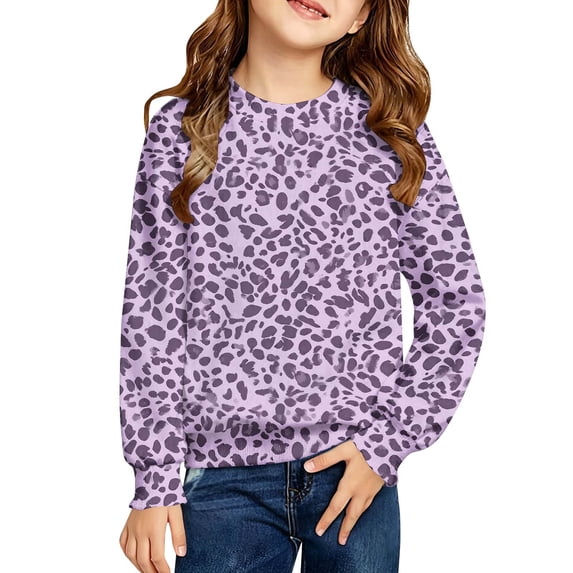 TIREOW Girls Sweatshirt Leopard Printed Crewneck Long Sleeve Pullover Sweatshirt Daily Wear Casual Loose Comfy Stylish Relaxed Pullover Tops
