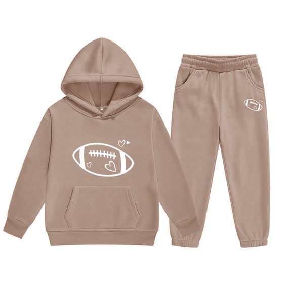 TIREOW Girls Sweatsuit Set Football Heart Print Long Sleeve Pullover Hooded Sweatshirt and Jogger Pants Casual Streetwear 2 Piece Set