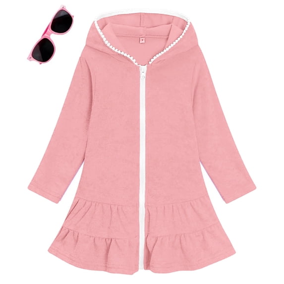 TIREOW Girls Swim Cover Up Solid Color Long Sleeve Zip-Up Hooded Terry Bathing Beach Pool Swimwear Clothes with Sunglasses 2 Piece Set