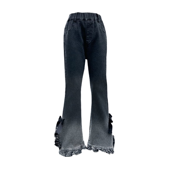 TIREOW Girls Trendy Flare Jeans Elastic High Waist Ruffled Split Hem Denim Flared Trousers Fashionable Y2K Streetwear Denim Bell Bottom Pants