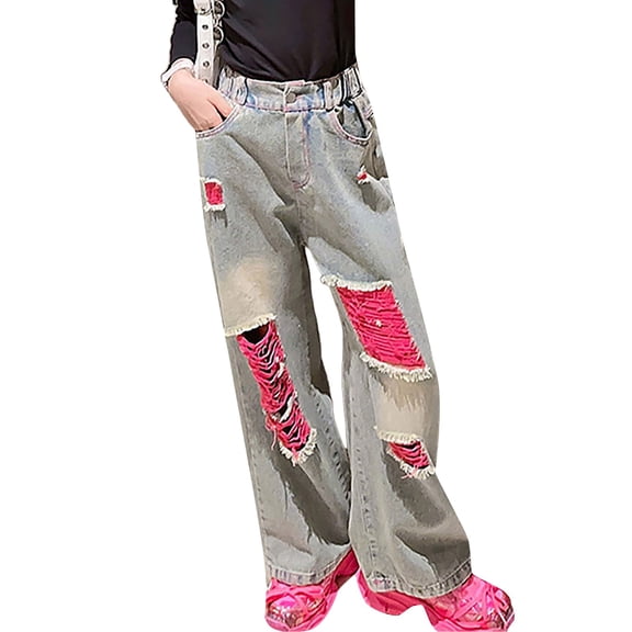 TIREOW Girls Trendy Ripped Denim Pants Daily Zipper Elastic Waist Distressed Denim Ripped Trousers Fashionable Streetwear Ripped Jeans