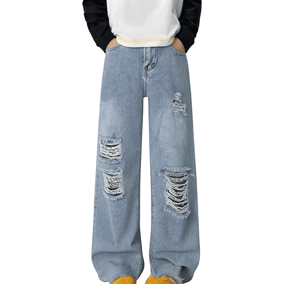 TIREOW Girls Trendy Ripped Denim Pants Daily Zipper High Waist Distressed Denim Ripped Trousers Fashionable Streetwear Ripped Jeans