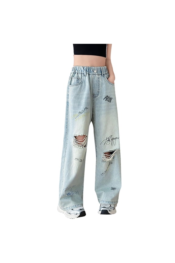Girls Trendy Ripped Denim Pants Straight Wide Leg Elastic Waist Distressed Denim Ripped Trousers Graffiti Print Streetwear Ripped Jeans
