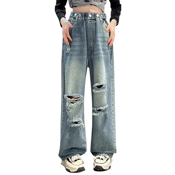 TIREOW Girls Washed Ripped Denim Pants Daily Zipper Straight Wide Leg Denim Ripped Trousers Trendy Streetwear Ripped Jeans