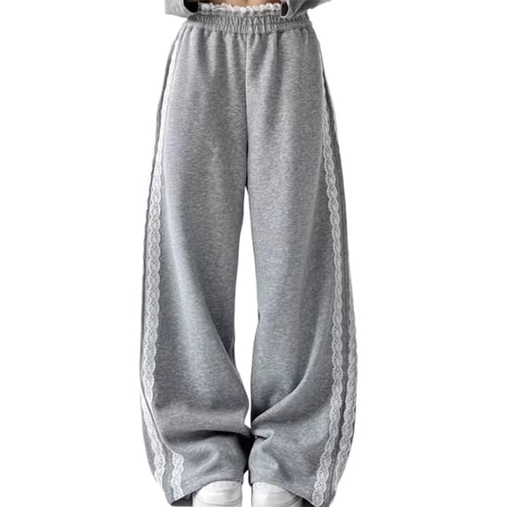 TIREOW Girls Wide Leg Sweatpants Elastic High Waist Lace Trim Sweat Pants Loose Casual Sports Trousers Street Style Trousers