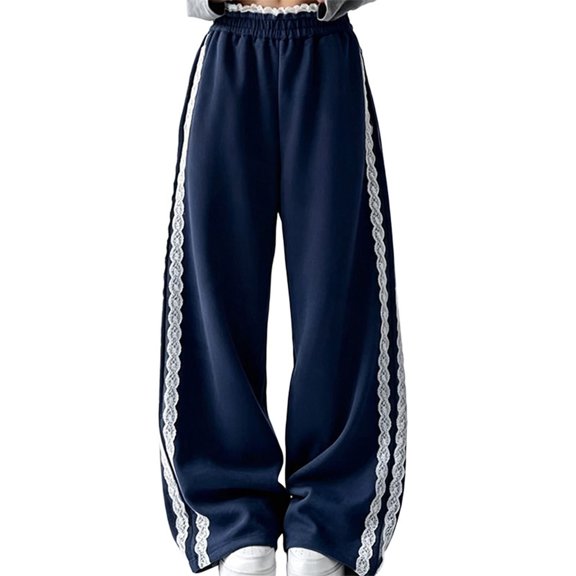 TIREOW Girls Wide Leg Sweatpants Elastic High Waist Lace Trim Sweat Pants Loose Casual Sports Trousers Street Style Trousers