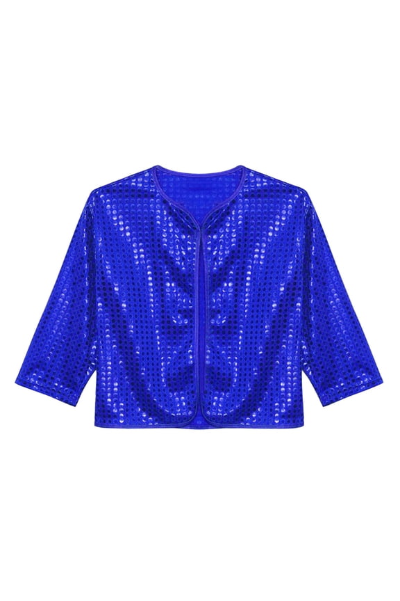 Girls and Boys Cropped Sequin Cardigan Glitter Open Front Long Sleeve Jacket Sparkly Solid Color Party Cardigan Cheerleading Top
