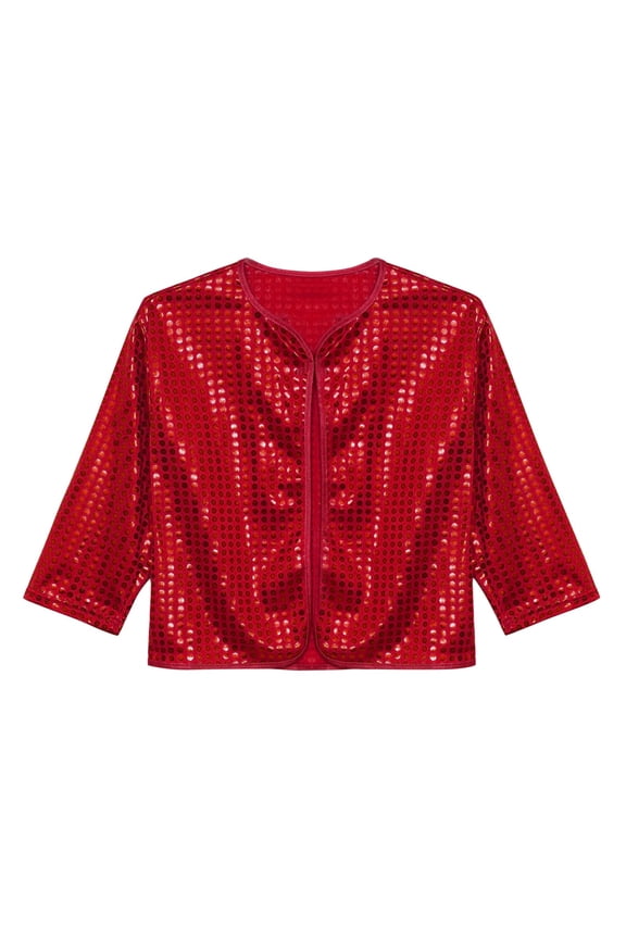 Girls and Boys Cropped Sequin Cardigan Glitter Open Front Long Sleeve Jacket Sparkly Solid Color Party Cardigan Cheerleading Top
