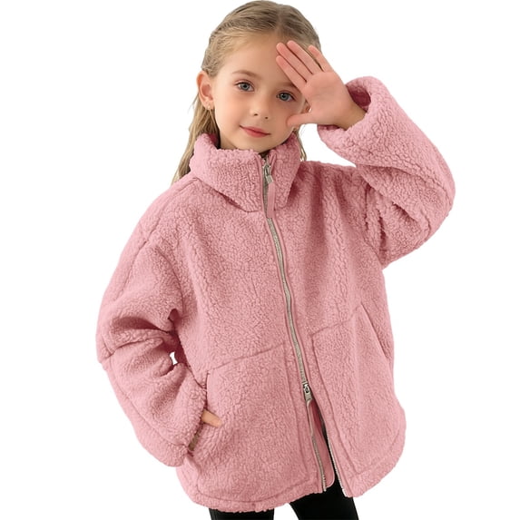 TIREOW Girls and Boys Fleece Jacket Solid Color Zipper Stand Up Collar Long Sleeve Jacket with Pockets Autumn Winter Warm Coats