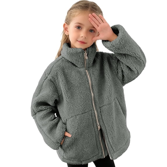 TIREOW Girls and Boys Fleece Jacket Solid Color Zipper Stand Up Collar Long Sleeve Jacket with Pockets Autumn Winter Warm Coats