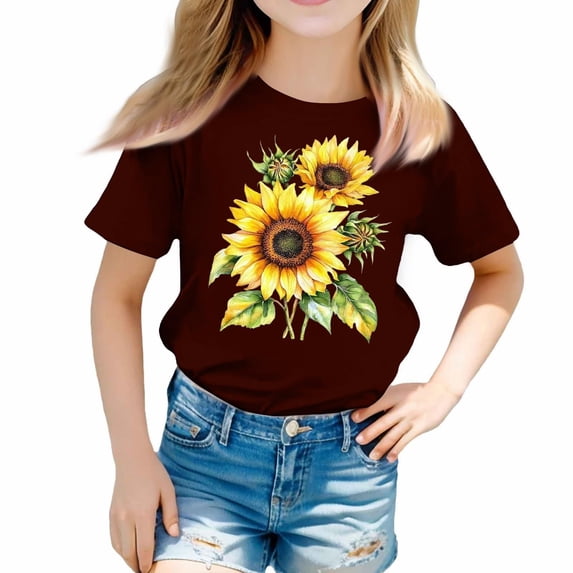 TIREOW Girls and Boys Short Sleeve T Shirts Solid Color Round Neck Daily Casual T Shirt Top Summer Trendy Sunflower Printed Tee Tops
