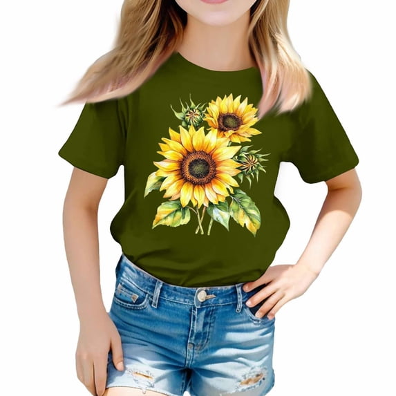 TIREOW Girls and Boys Short Sleeve T Shirts Solid Color Round Neck Daily Casual T Shirt Top Summer Trendy Sunflower Printed Tee Tops