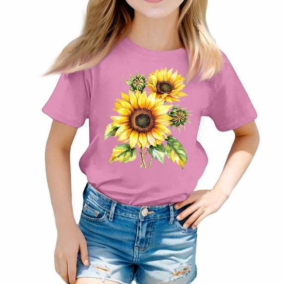 TIREOW Girls and Boys Short Sleeve T Shirts Solid Color Round Neck Daily Casual T Shirt Top Summer Trendy Sunflower Printed Tee Tops