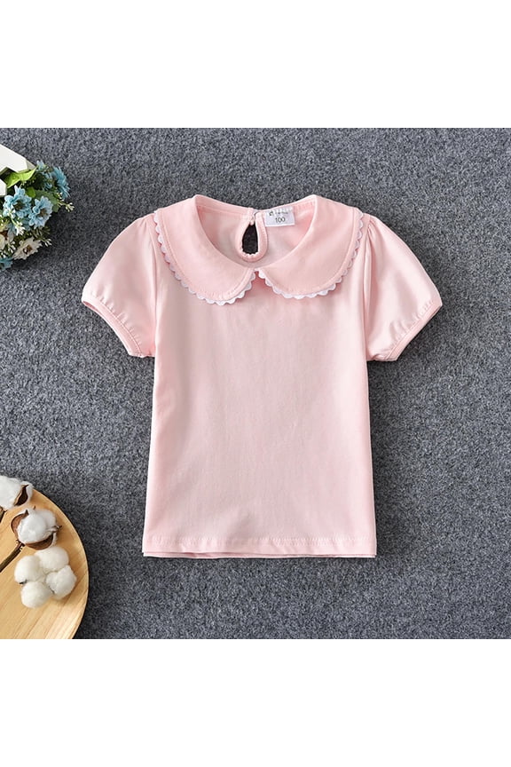 Kids Baby Girl Puff Sleeve Ruffle Doll Collar Shirt Toddler White Blouse Puff Short Sleeve T-Shirt Basic Solid Color Basic Top Bottom Blouse Tee