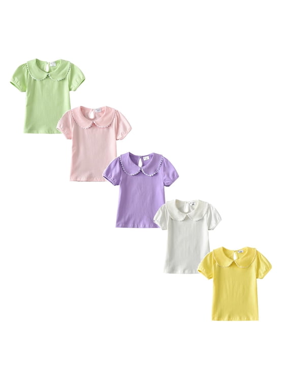 Kids Baby Girl Puff Sleeve Ruffle Doll Collar Shirt Toddler White Blouse Puff Short Sleeve T-Shirt Basic Solid Color Basic Top Bottom Blouse Tee