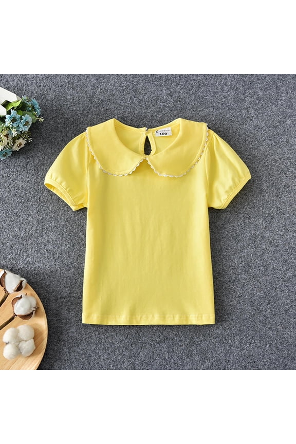 Kids Baby Girl Puff Sleeve Ruffle Doll Collar Shirt Toddler White Blouse Puff Short Sleeve T-Shirt Basic Solid Color Basic Top Bottom Blouse Tee