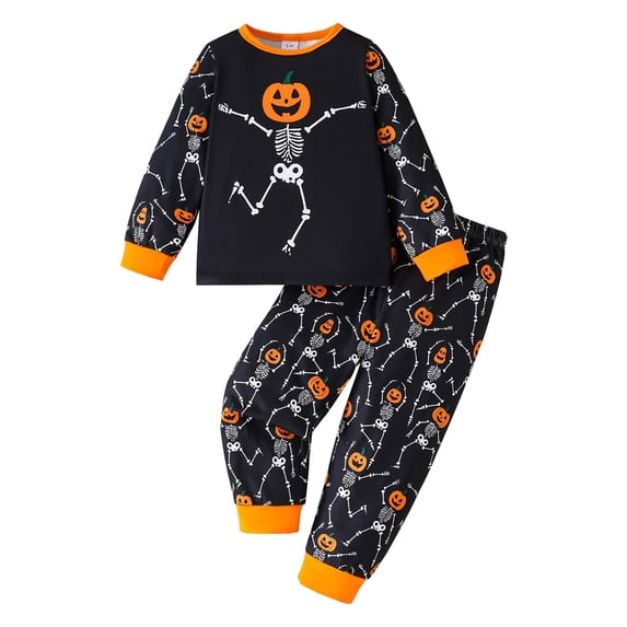 TIREOW Kids Girls 2 Piece Pajamas Outfit Long Sleeve Halloween Pumpkin Skeleton Graphic Sweatshirts Sweatpants Boys Joggers Workout Set Fall Clothes