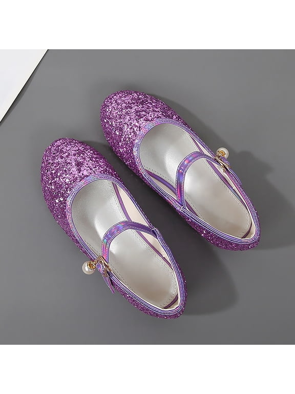 Kids Girls Ballerina Dress Shoes Flower Mary Jane Low Heel Closed Toe Ballet Sparkle Flats Glitter Princess Butterfly Dress-Up Shoes Wedding Prom Party